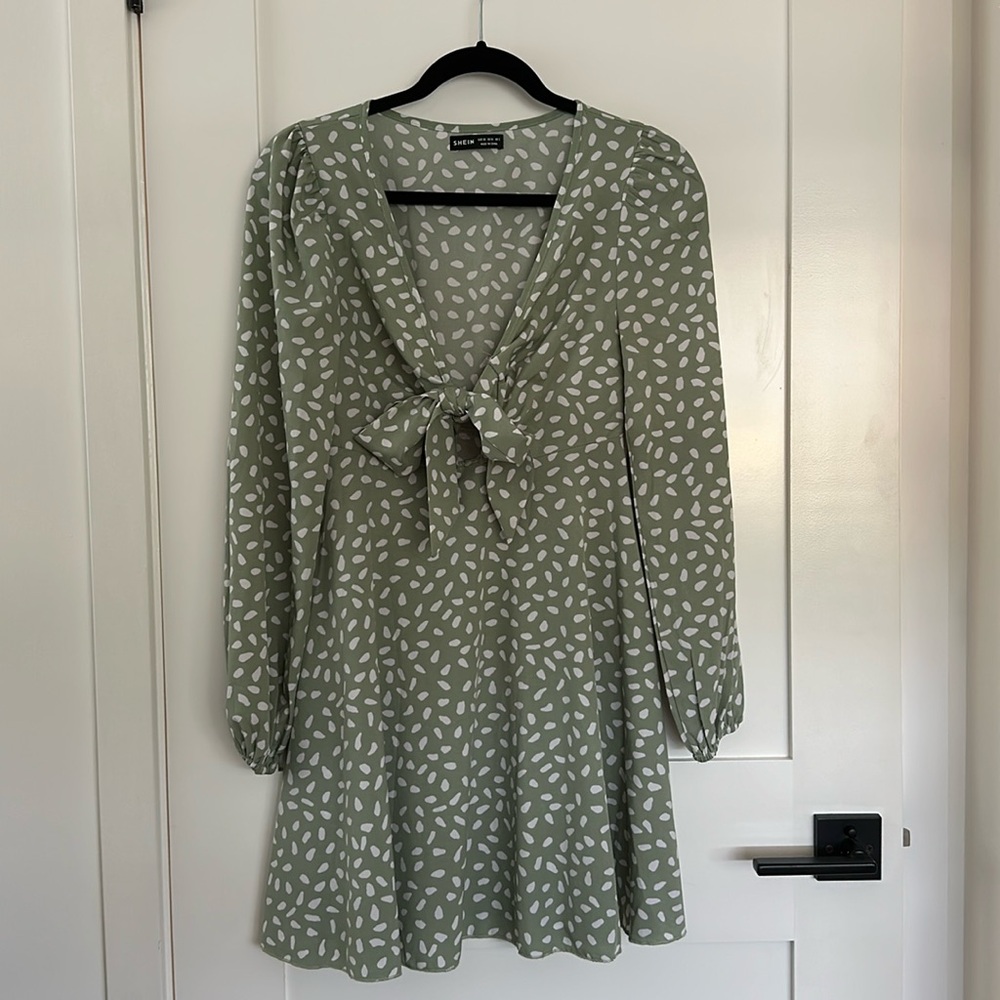 SHEIN Sage Green Patterned Long Sleeve Front Tie Dress XS